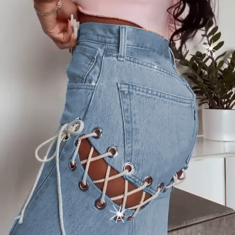 Chic High-Waisted Straight-Leg Denim Jeans with Tie Details