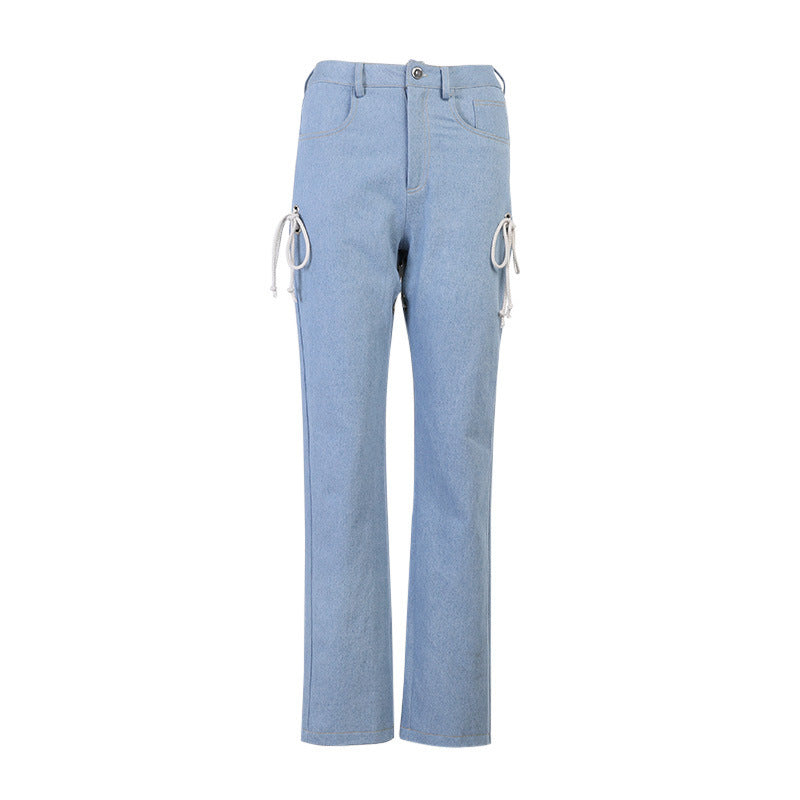 Chic High-Waisted Straight-Leg Denim Jeans with Tie Details