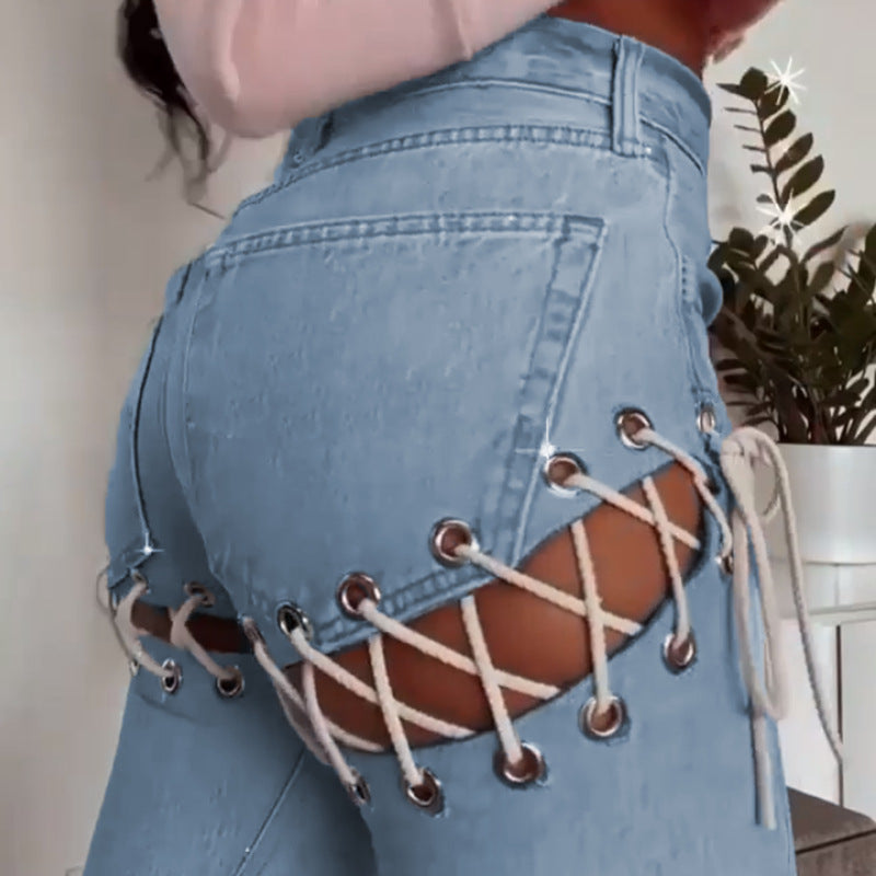 Chic High-Waisted Straight-Leg Denim Jeans with Tie Details