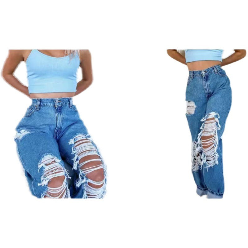 Trendy High Waist Ripped Straight Leg Jeans for Women