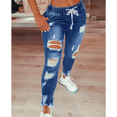 Women's Distressed Drawstring Jogger Jeans