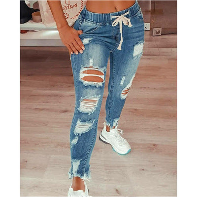 Women's Distressed Drawstring Jogger Jeans