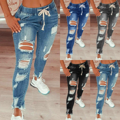 Women's Distressed Drawstring Jogger Jeans