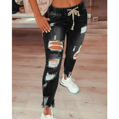 Women's Distressed Drawstring Jogger Jeans