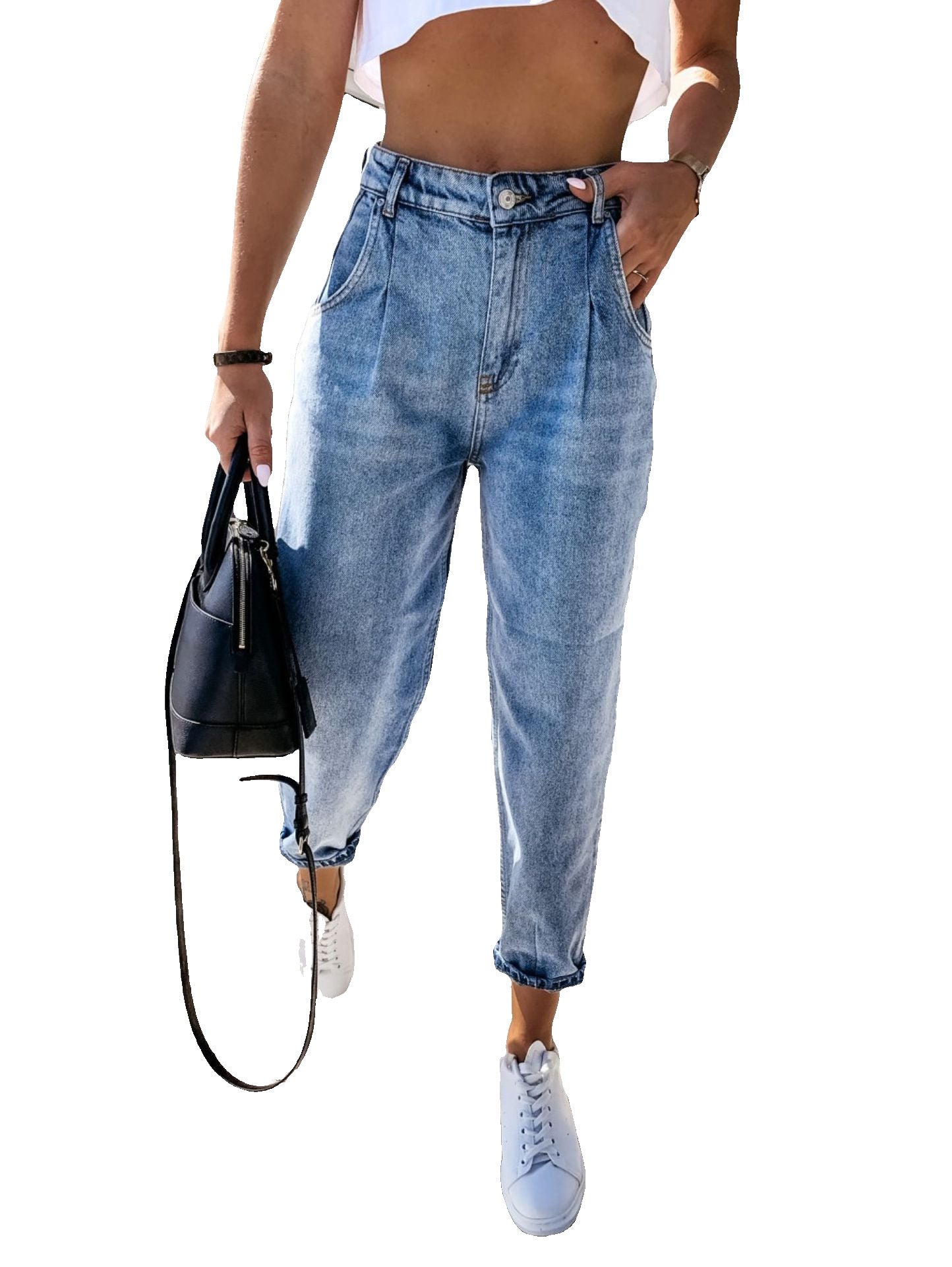Women's High Waist Harem Jeans - Relaxed Fit Denim