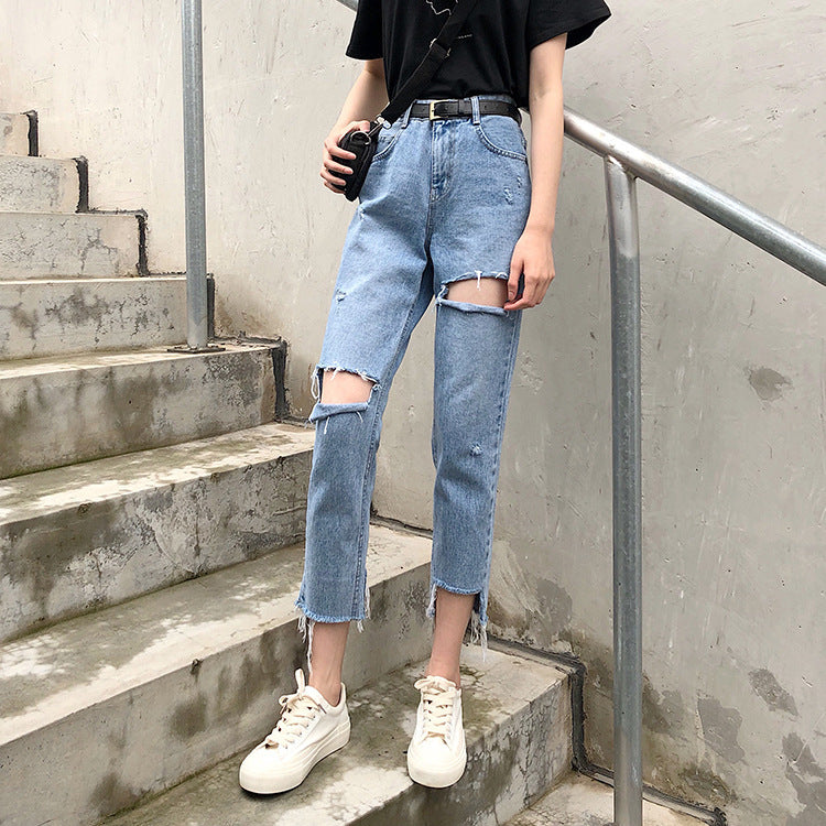 Trendy High-Waist Ripped Washed Cropped Jeans for Women