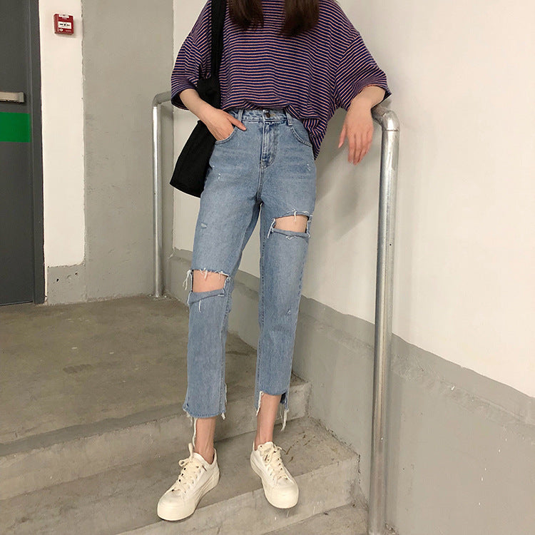 Trendy High-Waist Ripped Washed Cropped Jeans for Women