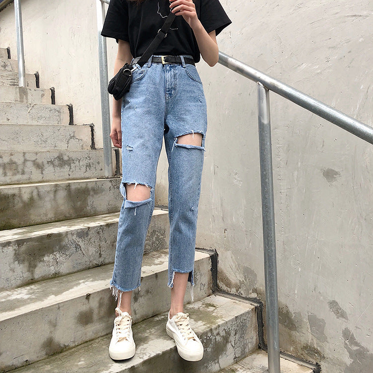 Trendy High-Waist Ripped Washed Cropped Jeans for Women