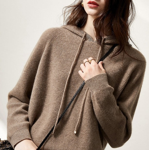 Relaxed Ribbed Wool Knit Hoodie