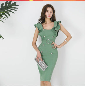 Elegant Ruffled Shoulder Double Breasted Belted Midi Dress for Office and Occasions