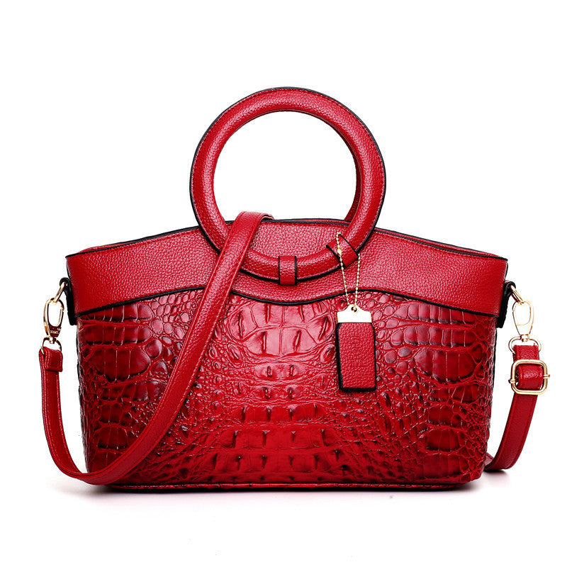 Chic Crocodile Embossed Handbag with Round Top Handle and Adjustable Shoulder Strap