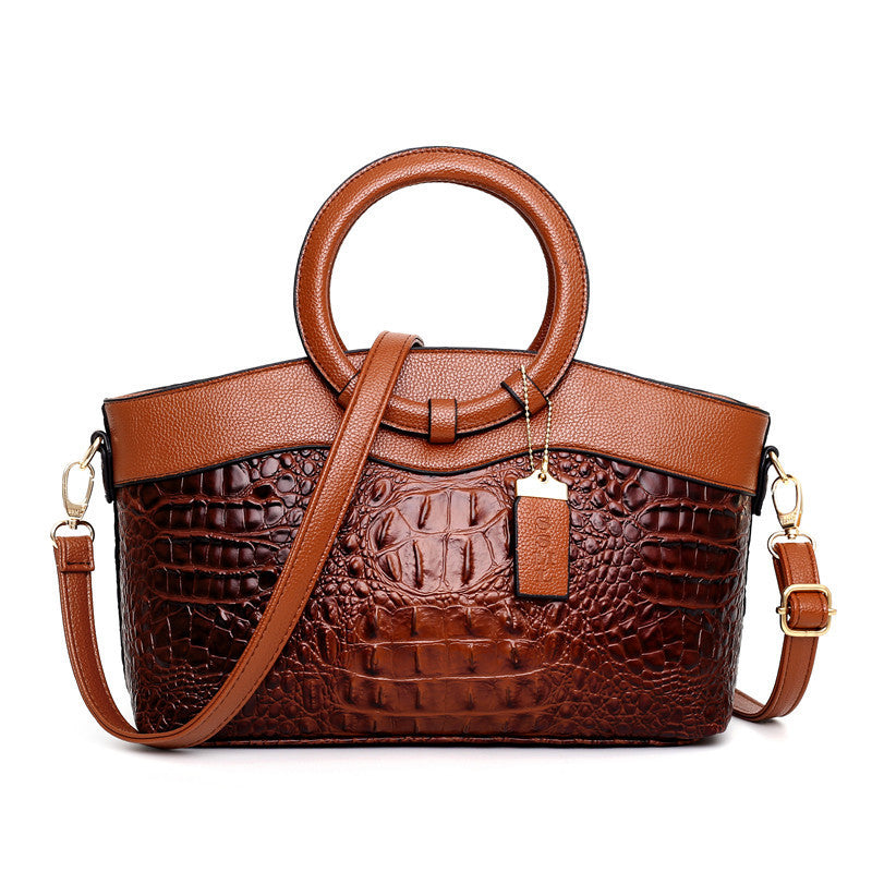 Chic Crocodile Embossed Handbag with Round Top Handle and Adjustable Shoulder Strap