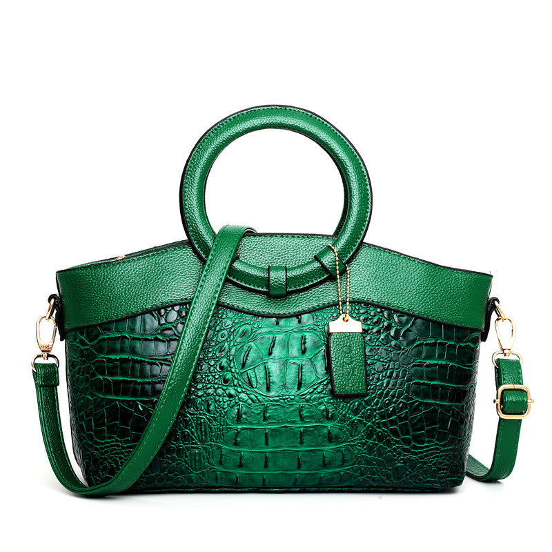 Chic Crocodile Embossed Handbag with Round Top Handle and Adjustable Shoulder Strap