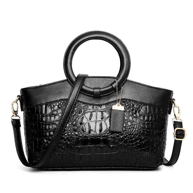 Chic Crocodile Embossed Handbag with Round Top Handle and Adjustable Shoulder Strap