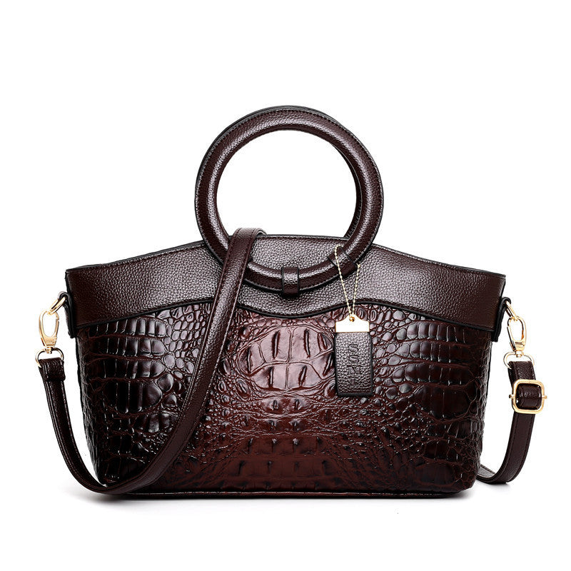 Chic Crocodile Embossed Handbag with Round Top Handle and Adjustable Shoulder Strap