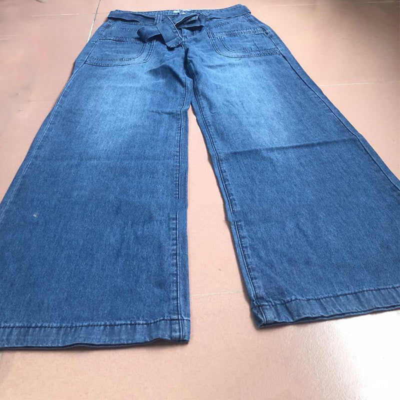 Washed Wide Leg Denim Jeans with Lace-Up Waist