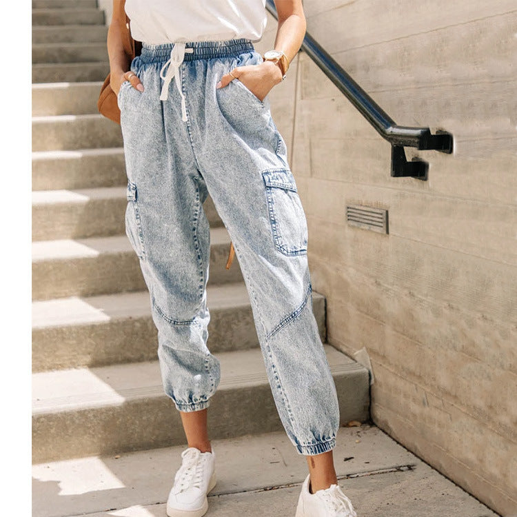 Washed Light Blue Denim Cargo Joggers for Women