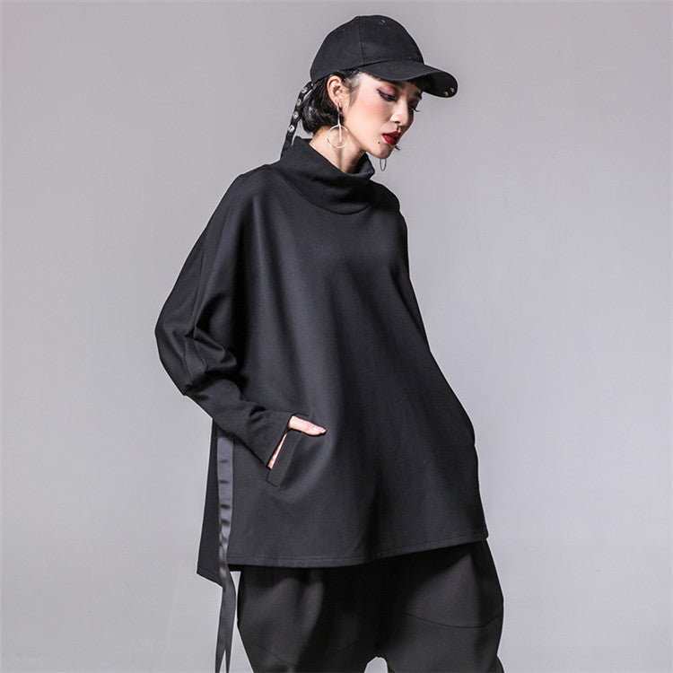 Comfortable Loose Fit Long Sleeve Turtleneck Top with Pockets