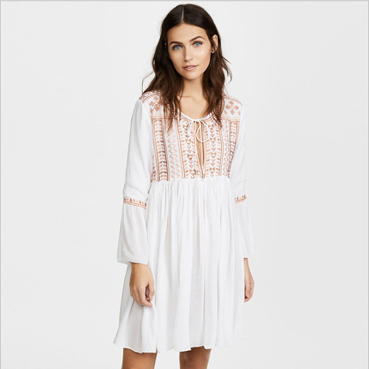Bohemian Embroidered Cotton Beach Cover-up Dress Tunic with Long Sleeves