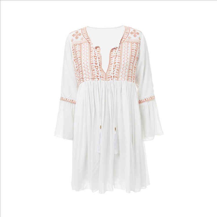Bohemian Embroidered Cotton Beach Cover-up Dress Tunic with Long Sleeves
