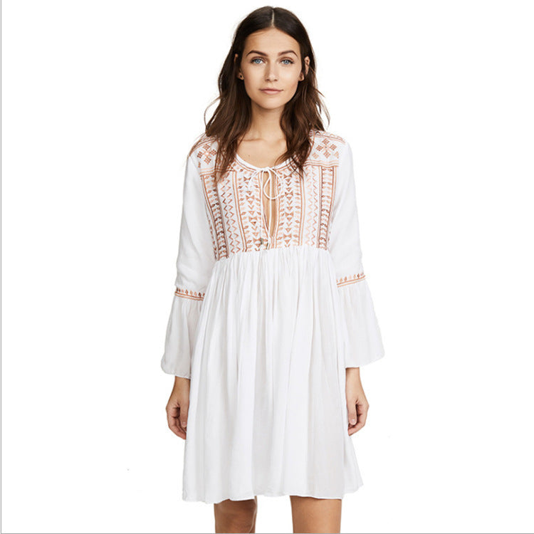 Bohemian Embroidered Cotton Beach Cover-up Dress Tunic with Long Sleeves