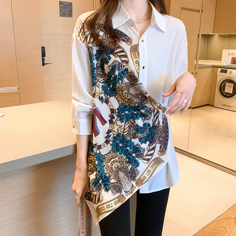 Chic Korean Inspired Retro Print Asymmetrical Tailored Long Sleeve Blouse