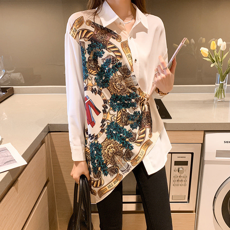 Chic Korean Inspired Retro Print Asymmetrical Tailored Long Sleeve Blouse