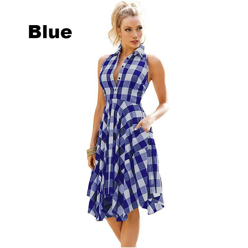 Chic Plaid Sleeveless Collared Midi Dress with Functional Pockets and Flowy Hem