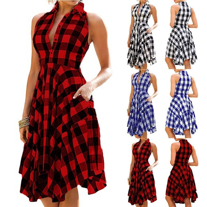 Chic Plaid Sleeveless Collared Midi Dress with Functional Pockets and Flowy Hem