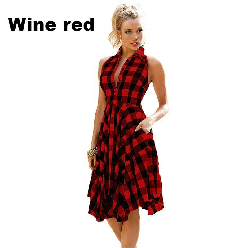 Chic Plaid Sleeveless Collared Midi Dress with Functional Pockets and Flowy Hem