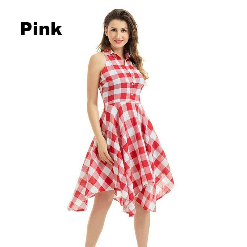 Chic Plaid Sleeveless Collared Midi Dress with Functional Pockets and Flowy Hem