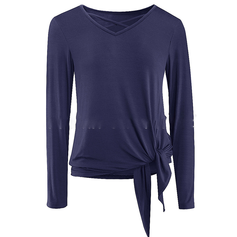 Comfortable V-Neck Long Sleeve Tie Front Top - Women's Tee