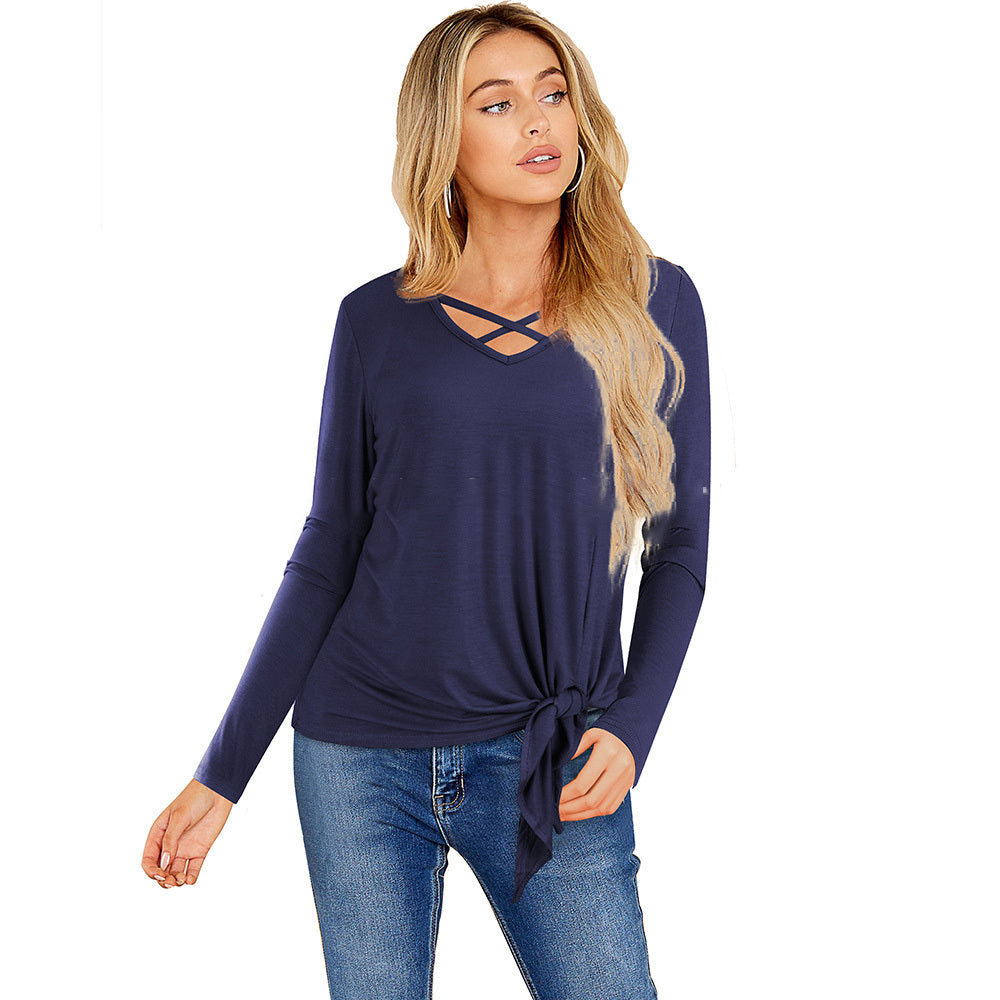 Comfortable V-Neck Long Sleeve Tie Front Top - Women's Tee