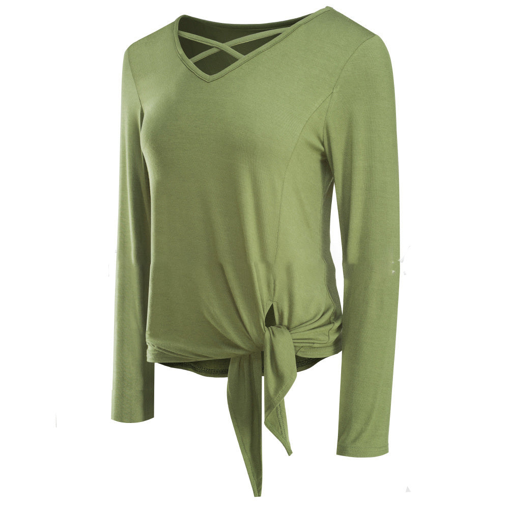 Comfortable V-Neck Long Sleeve Tie Front Top - Women's Tee
