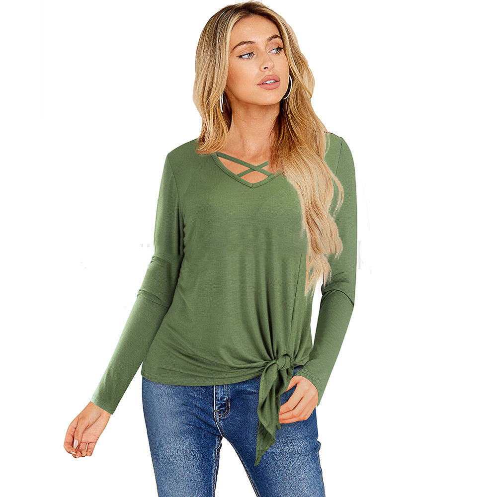 Comfortable V-Neck Long Sleeve Tie Front Top - Women's Tee