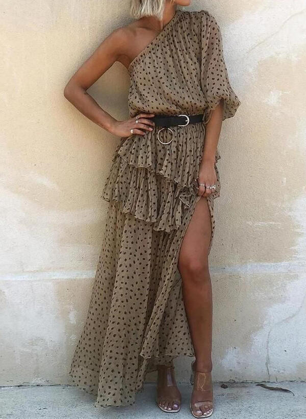 Bohemian Polka Dot One-Shoulder Ruffled Maxi Dress