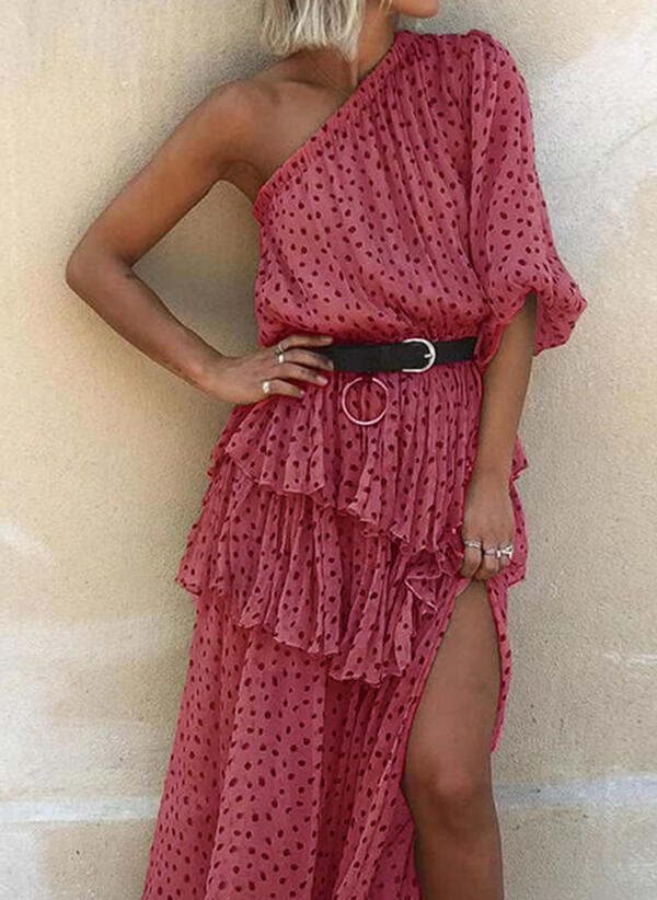 Bohemian Polka Dot One-Shoulder Ruffled Maxi Dress