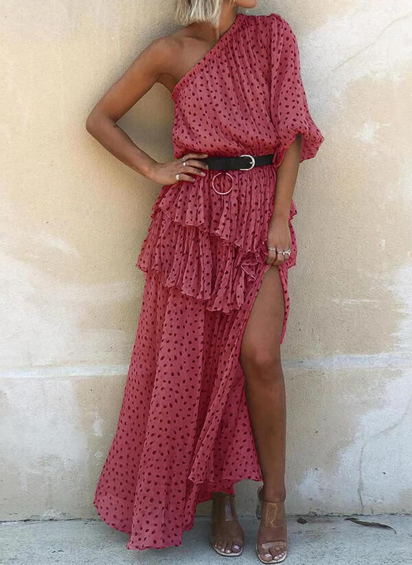 Bohemian Polka Dot One-Shoulder Ruffled Maxi Dress