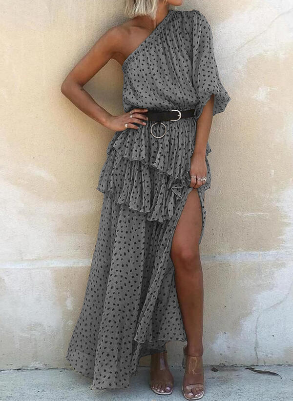 Bohemian Polka Dot One-Shoulder Ruffled Maxi Dress