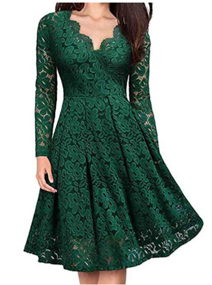 Elegant Lace V-Neck Long Sleeve Midi Dress for Evening & Party Wear