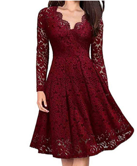 Elegant Lace V-Neck Long Sleeve Midi Dress for Evening & Party Wear