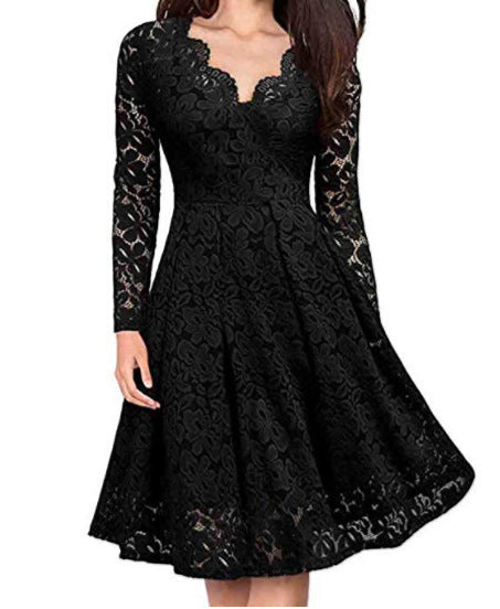 Elegant Lace V-Neck Long Sleeve Midi Dress for Evening & Party Wear