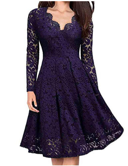 Elegant Lace V-Neck Long Sleeve Midi Dress for Evening & Party Wear