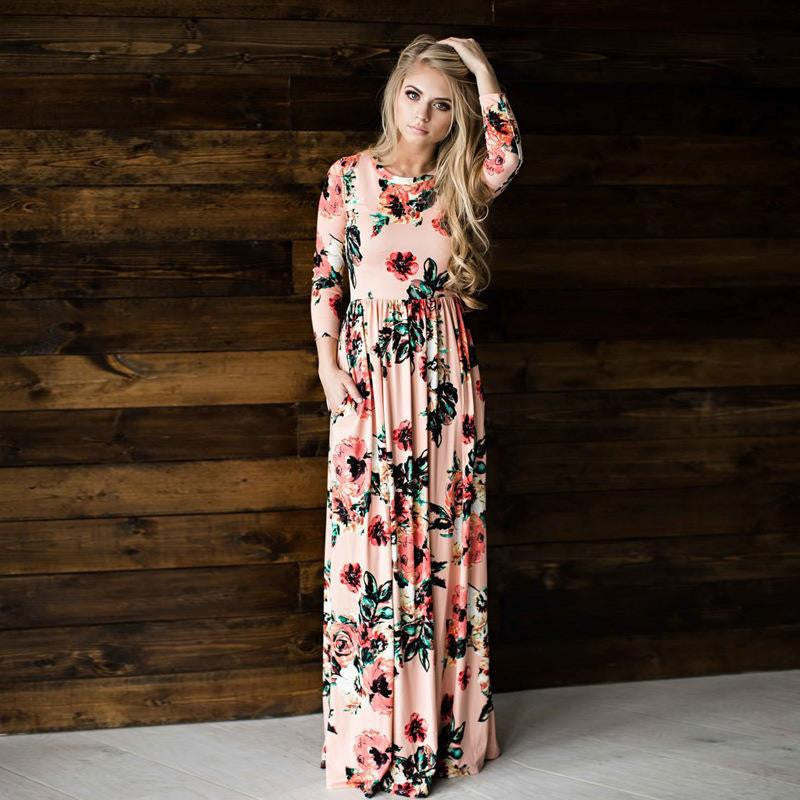 Elegant Floral Print Long Sleeve Maxi Dress for Women - Casual & Boho Chic