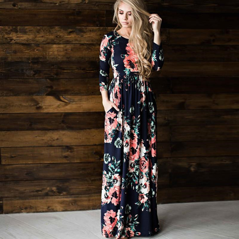 Elegant Floral Print Long Sleeve Maxi Dress for Women - Casual & Boho Chic