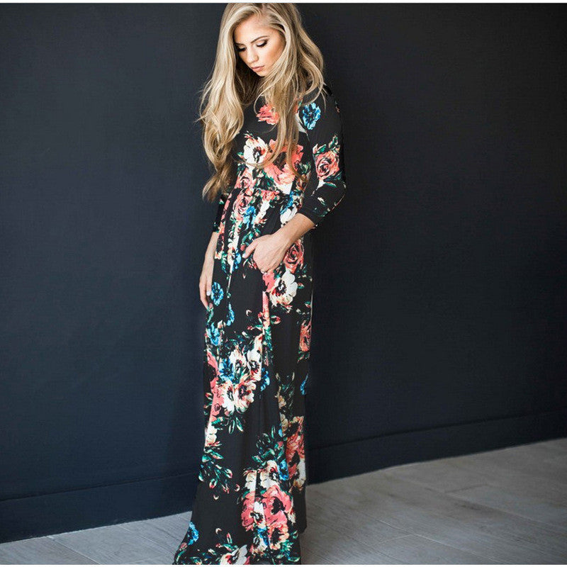 Elegant Floral Print Long Sleeve Maxi Dress for Women - Casual & Boho Chic