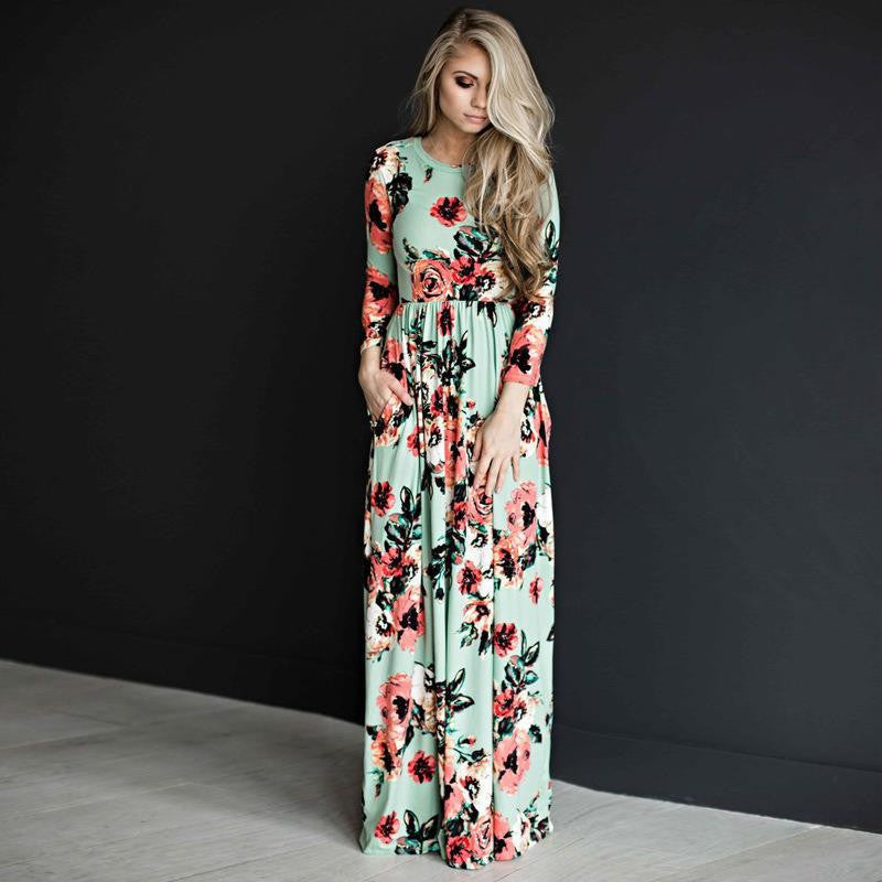 Elegant Floral Print Long Sleeve Maxi Dress for Women - Casual & Boho Chic