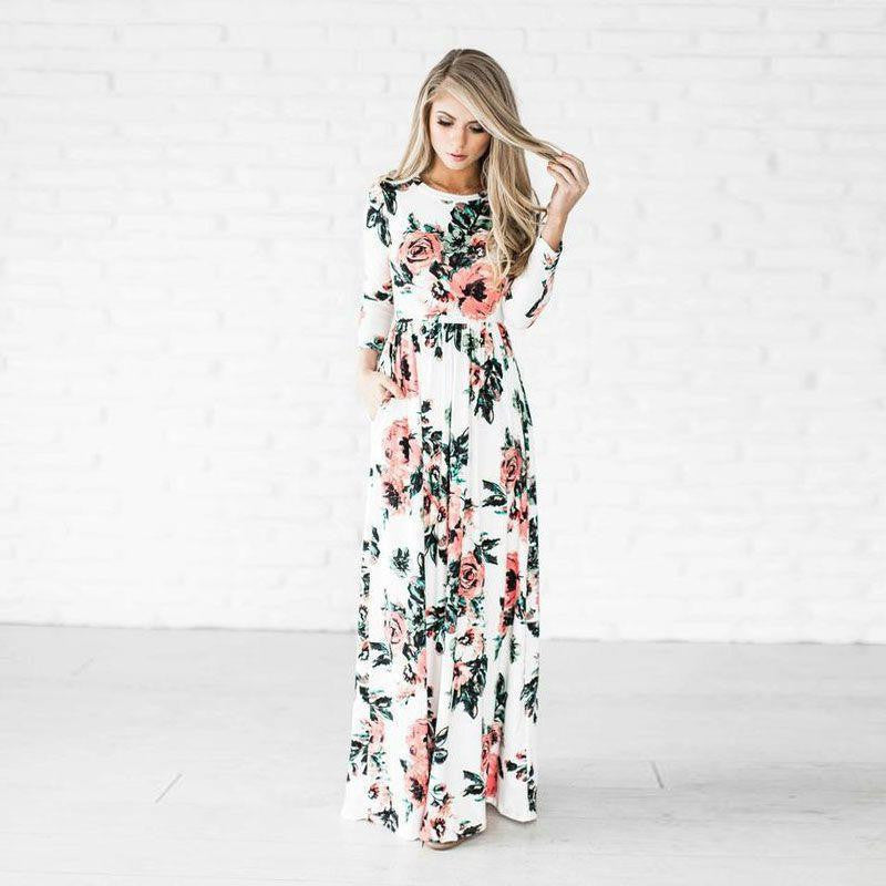 Elegant Floral Print Long Sleeve Maxi Dress for Women - Casual & Boho Chic