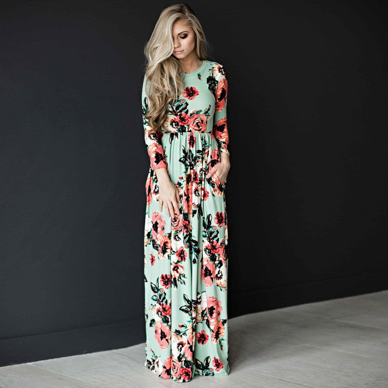 Elegant Floral Print Long Sleeve Maxi Dress for Women - Casual & Boho Chic