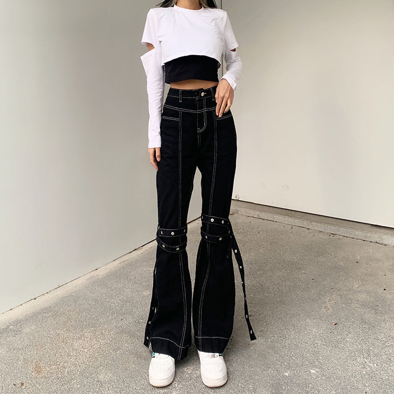 Ariana Vogue Street Style High-Waist Slim Jeans with Buckle Straps